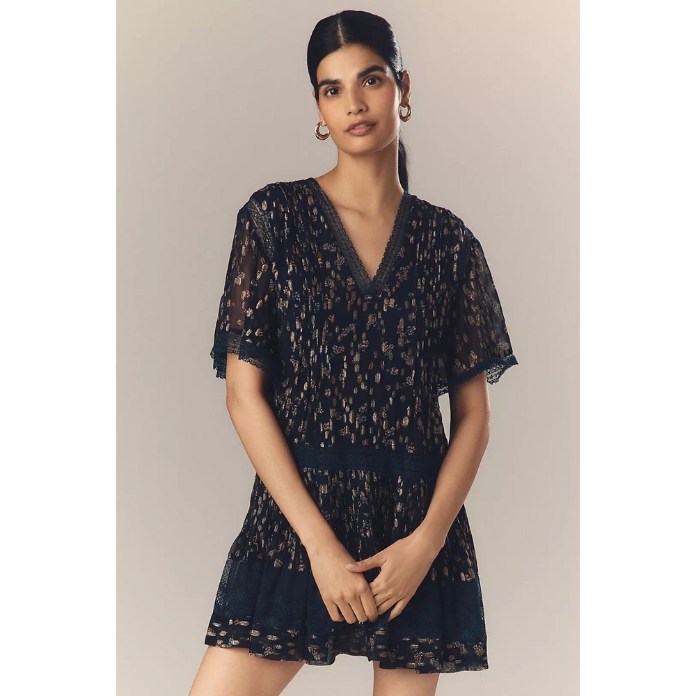 Anthropologie Maeve V-Neck Lurex Tiered Mini Dress Navy Floral Lace M NWT $188